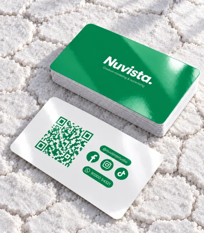 Double sided gloss business cards with logo on the front and QR code on the back