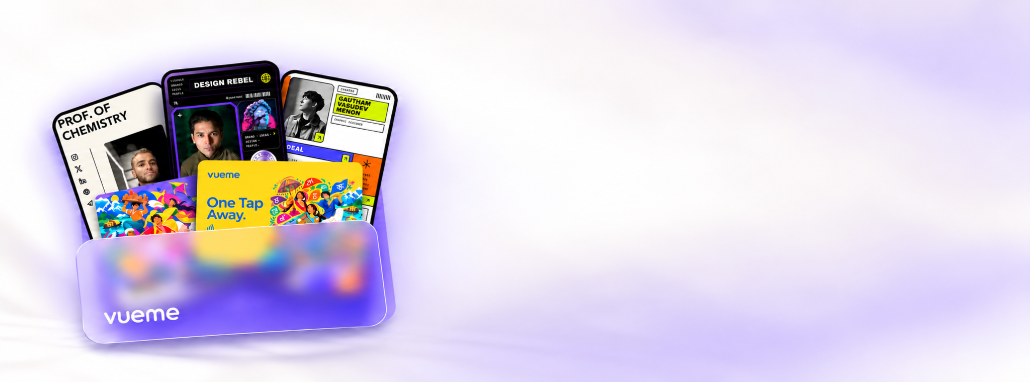 Vueme digital and NFC business cards lineup on lavender background