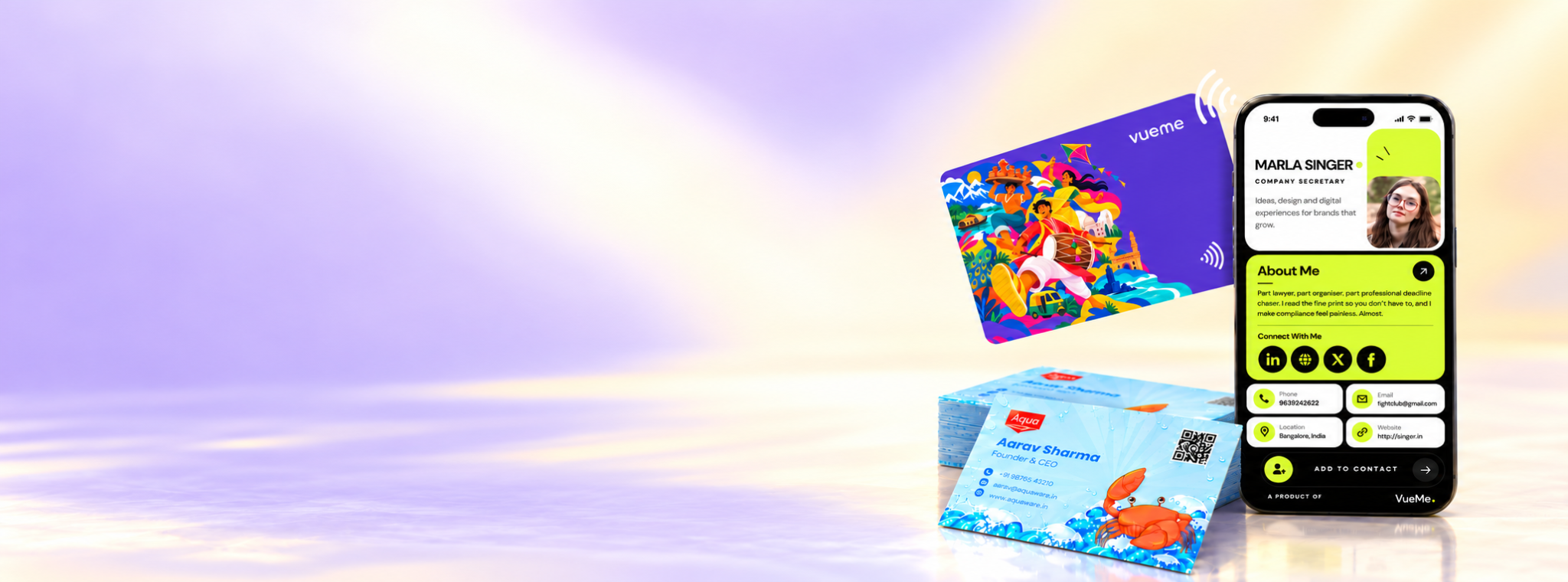 Vueme digital business card on phone and printed visiting cards