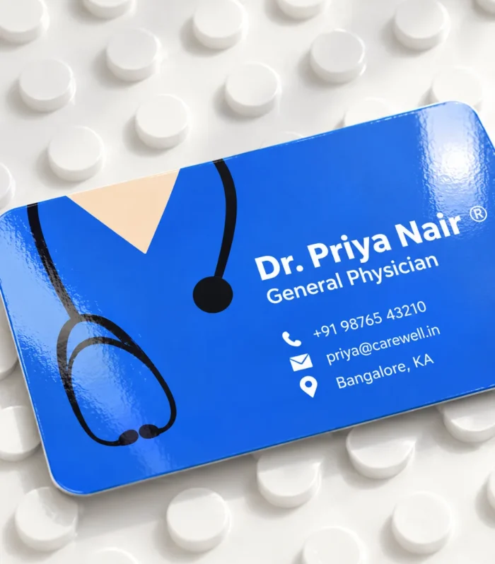 Stack of single side gloss business cards with logo and contact details on the front