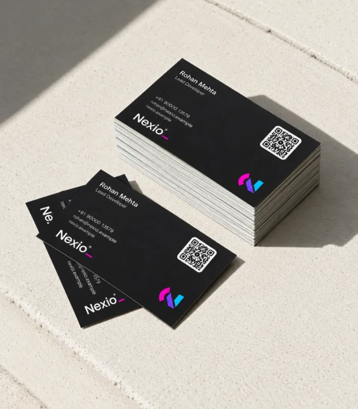 Stack of single side matte business cards with logo and contact details on the front