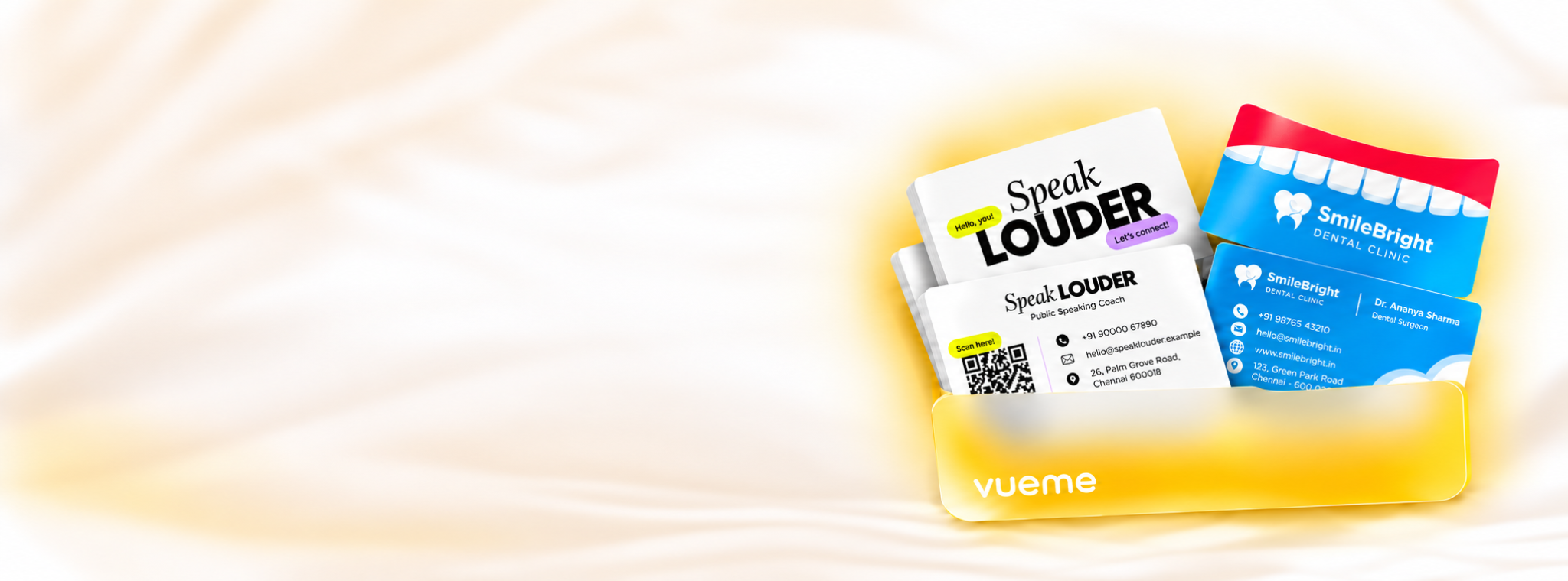 Bright printed business cards and NFC card by Vueme