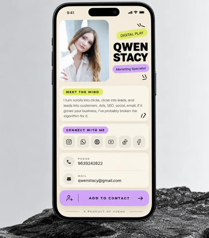 Aesthetic digital business card with retro doodle style and cream background on a phone