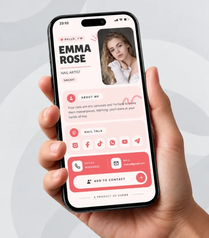 Colourful digital business card with sticker style and Hello I'm tag shown on a phone