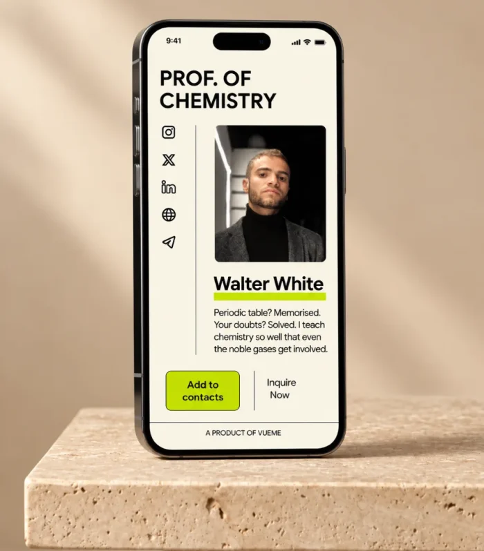 Creative digital business card with a large editorial headline and photo shown on a phone