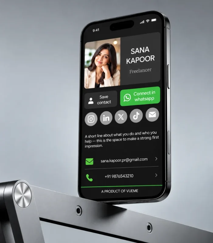 Digital business card for consultants with split layout and Save Contact button on a phone