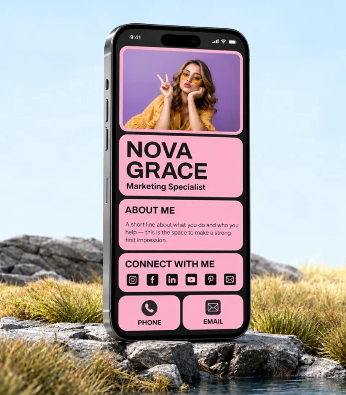 Pink digital business card for freelancers with photo banner and tiles on a phone