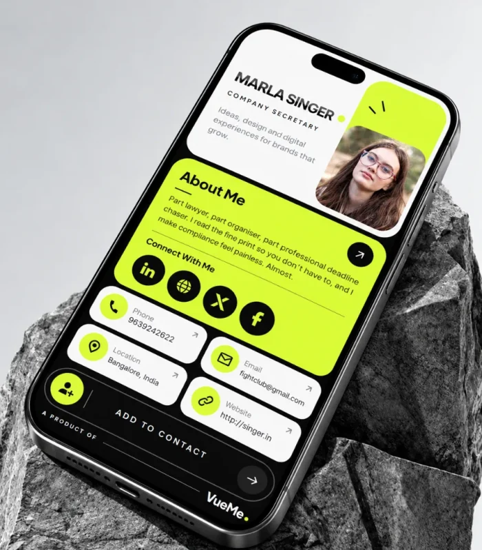 Digital business card with location tile in a bento grid layout shown on a phone