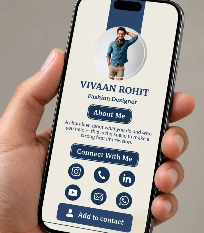 Digital visiting card with a ringed round photo and centred profile shown on a phone