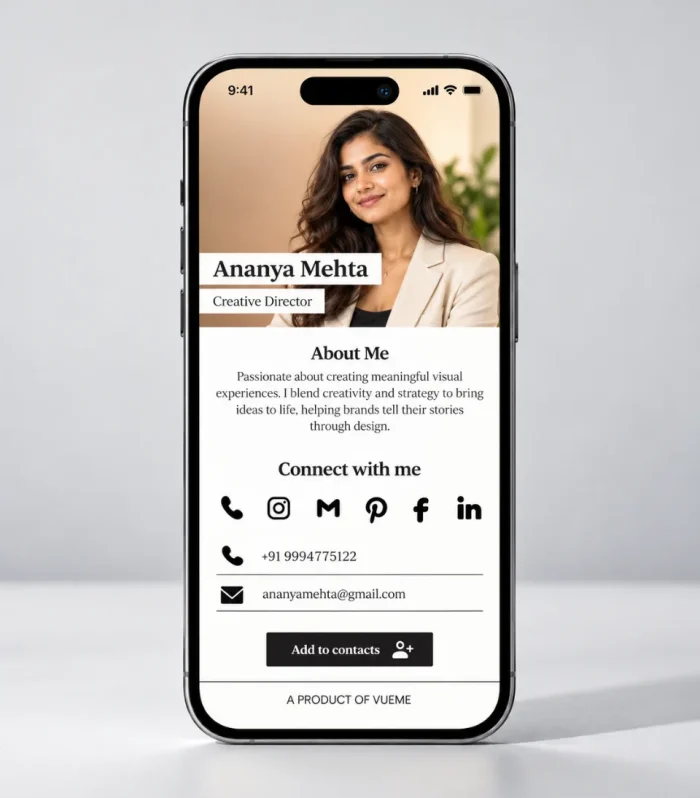 Elegant digital business card with photo banner and serif name on a phone