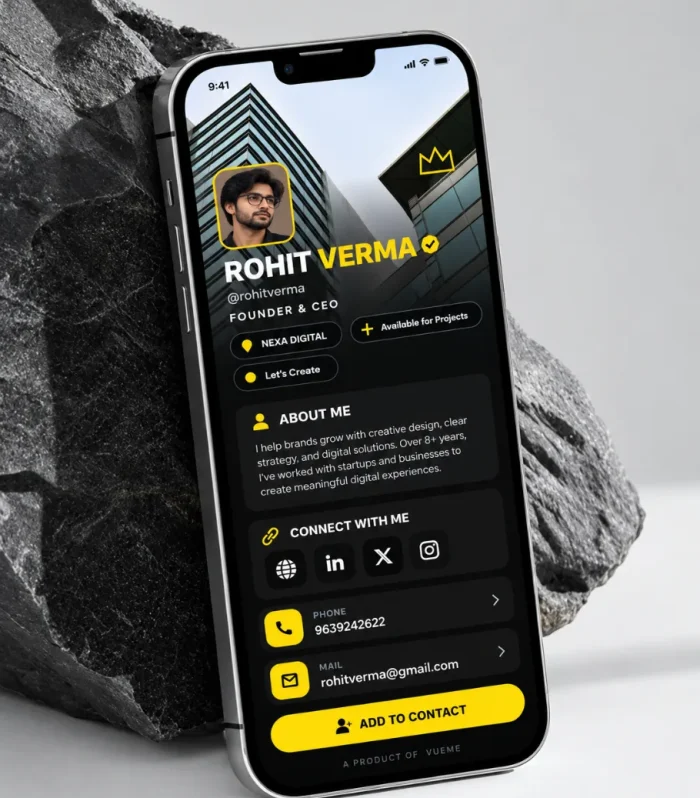 Influencer digital business card in dark mode with full-screen photo and handle on a phone