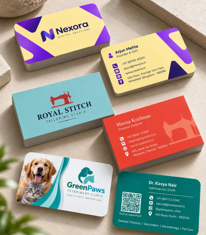 Front and back of double sided matte business cards on a desk