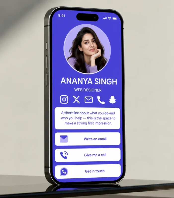 Minimal digital business card with round photo and big action buttons shown on a phone