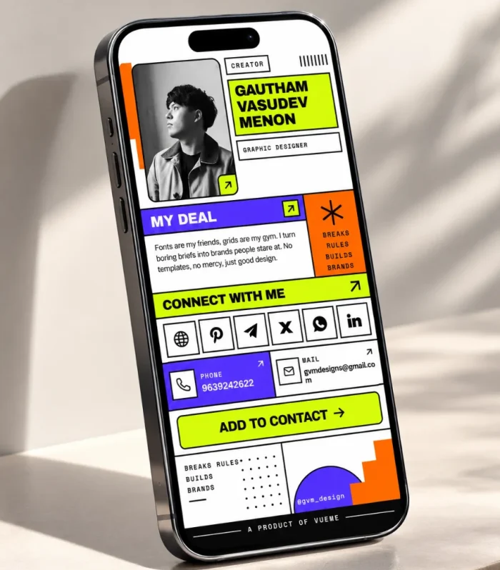 Neo brutalist business card for designers shown on a phone with bold colour blocks