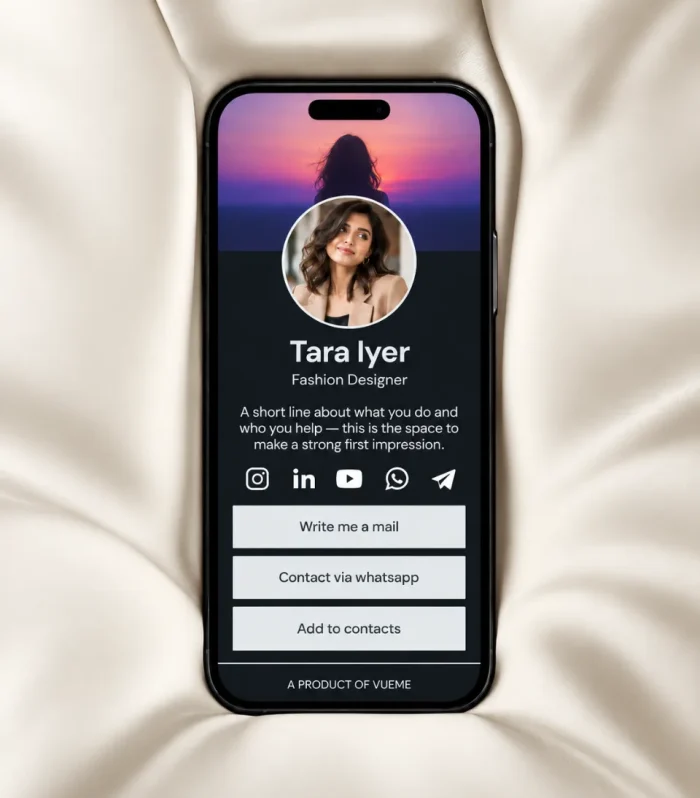 WhatsApp digital business card with banner image and chat button shown on a phone